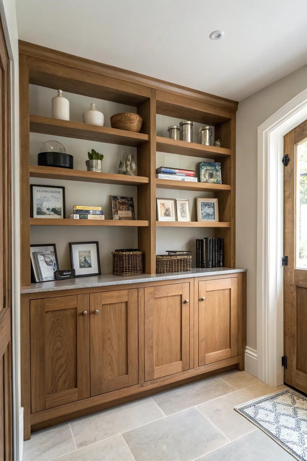 Balance display and stowage with a combination of open and closed shelving.