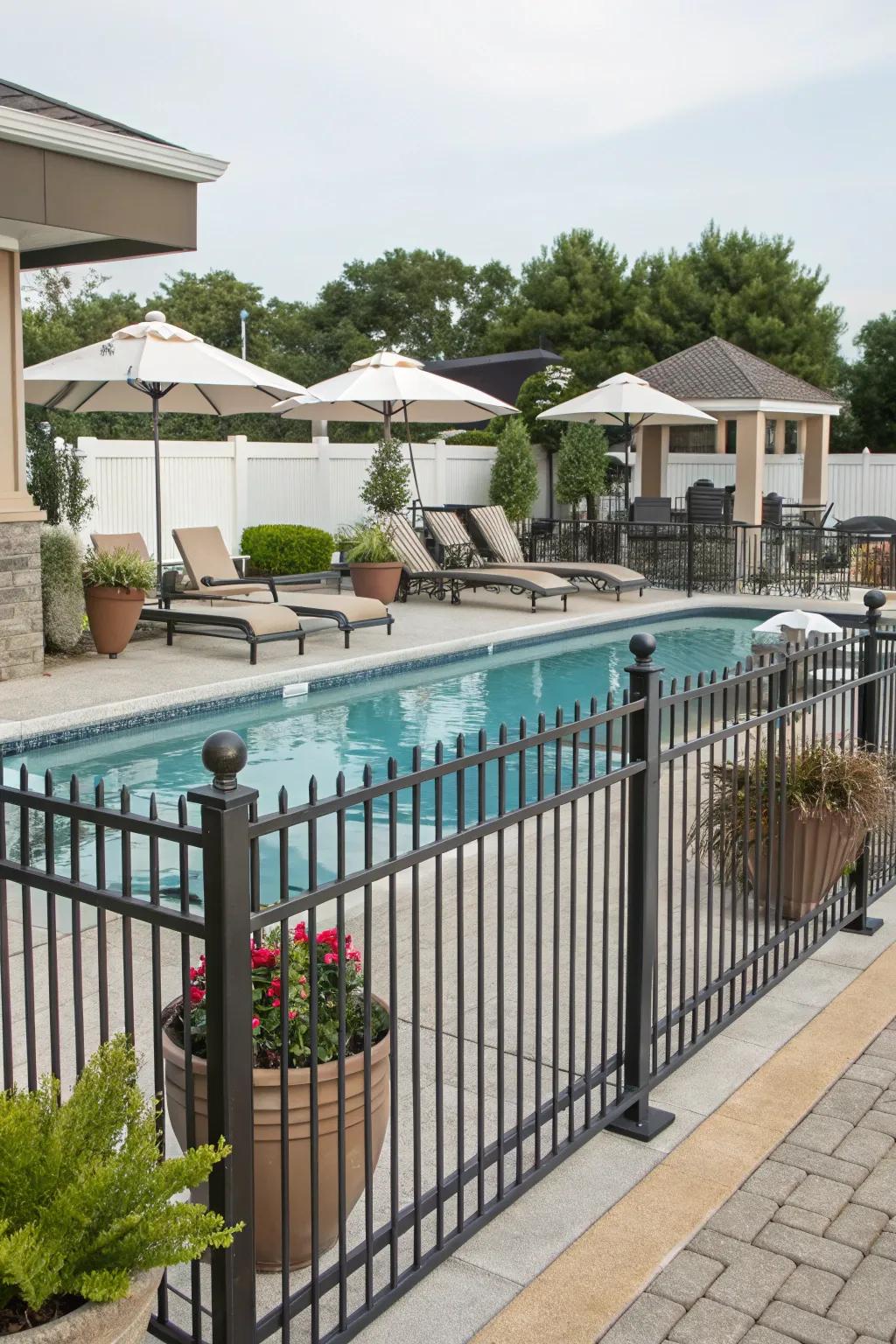 Metal alloy barriers contribute security and flair to pool areas.