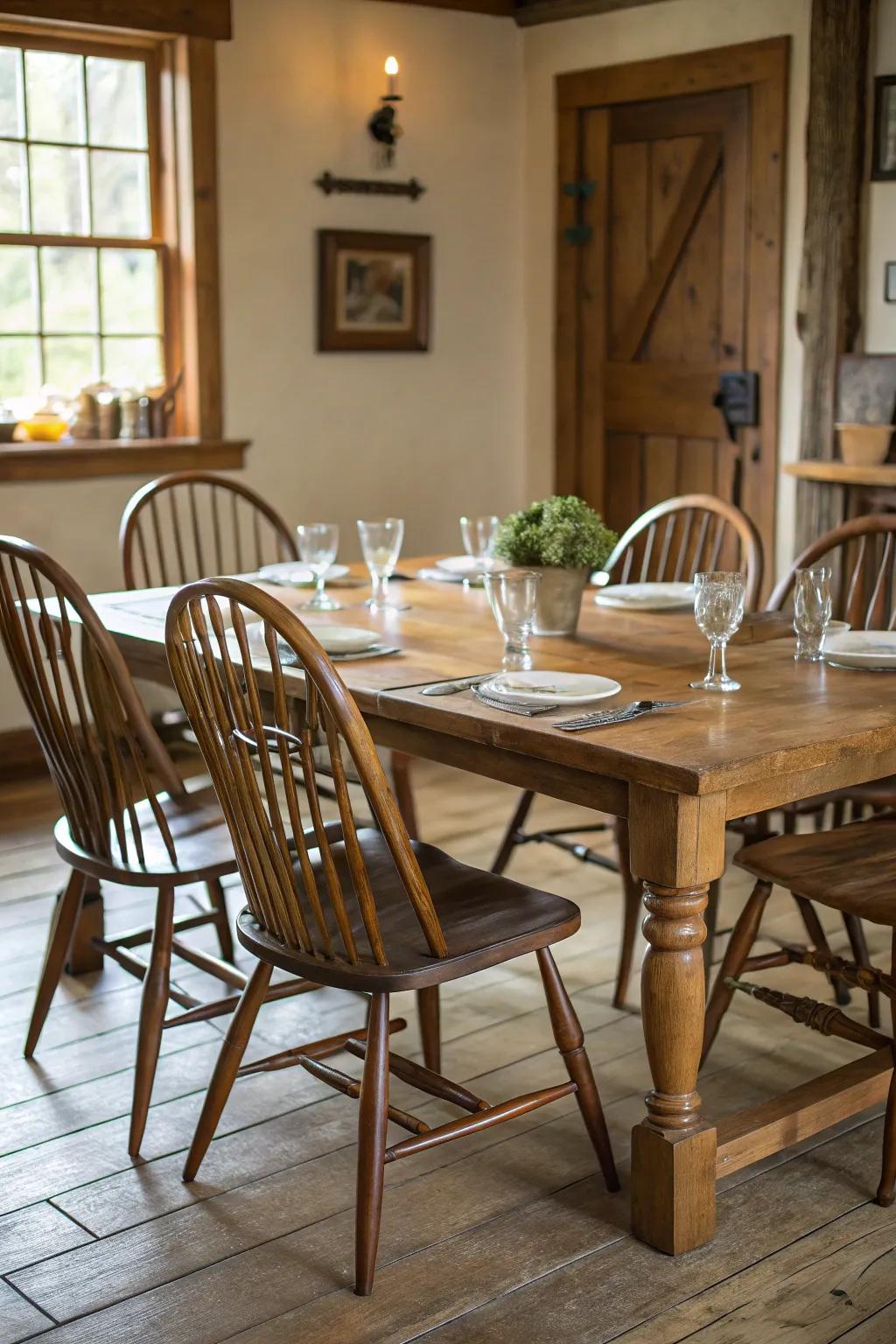 Slat-backed seating adding classic charm to a colonial dining space.