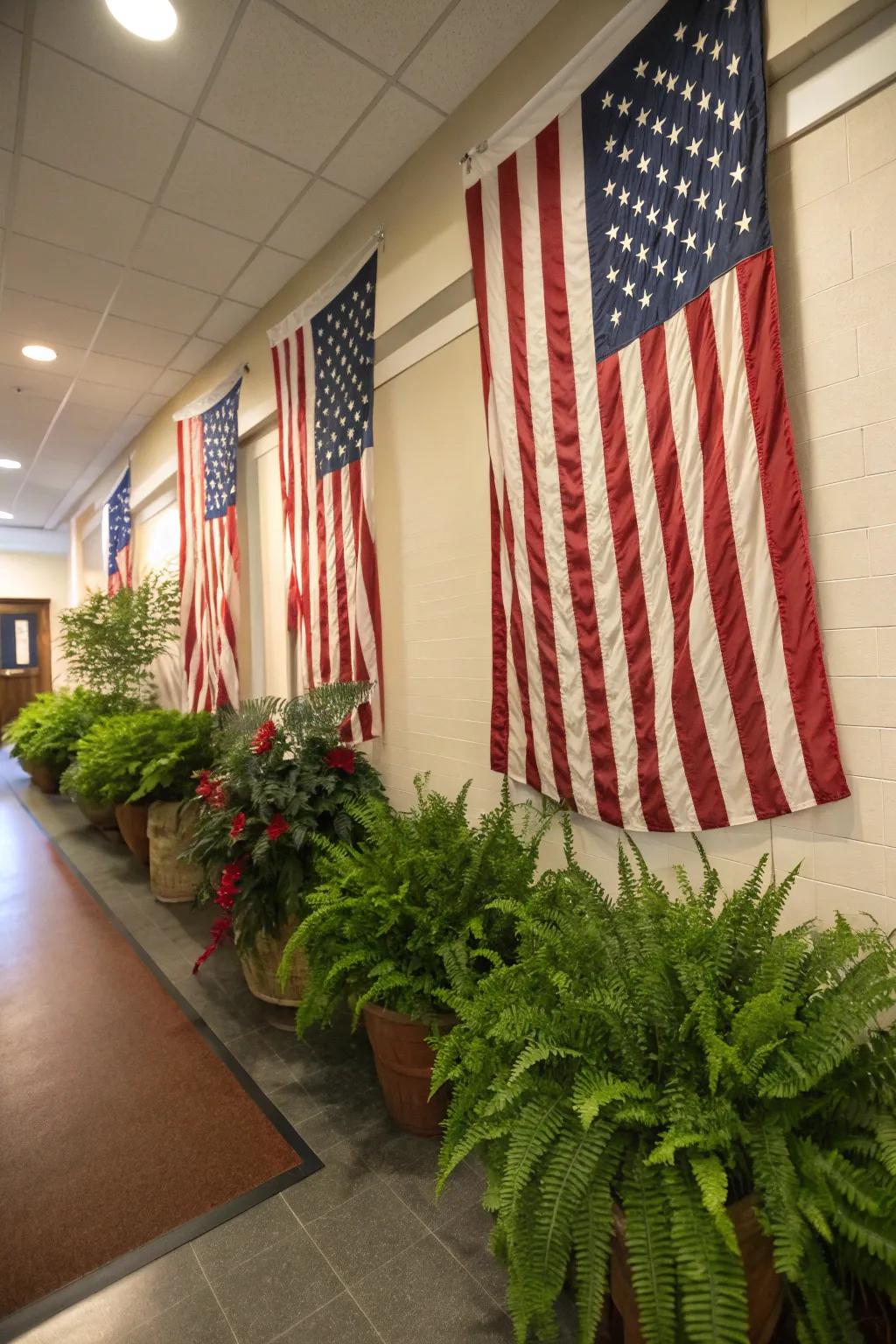 Flags paired with ferns evoke a revitalizing and vibrant style.