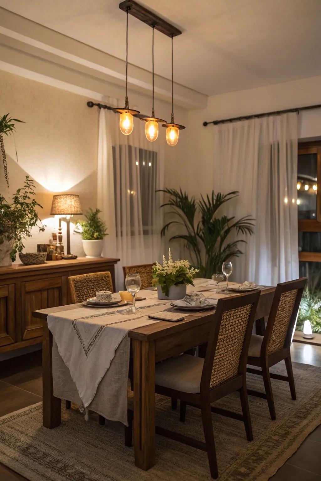 A dining space with lighting controlled by dimmer switches for special occasions.