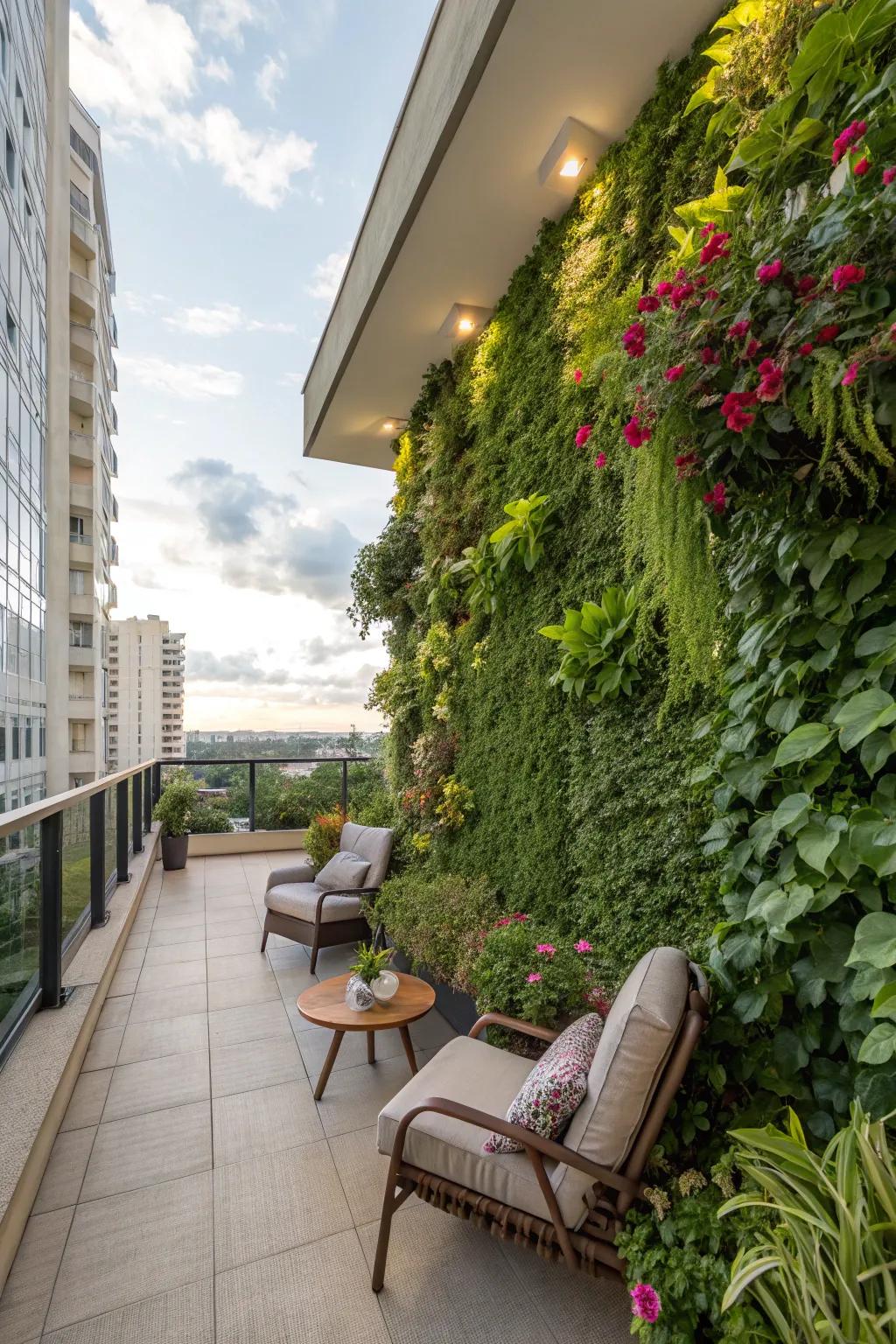A vertical garden optimizes area and adds greenery.