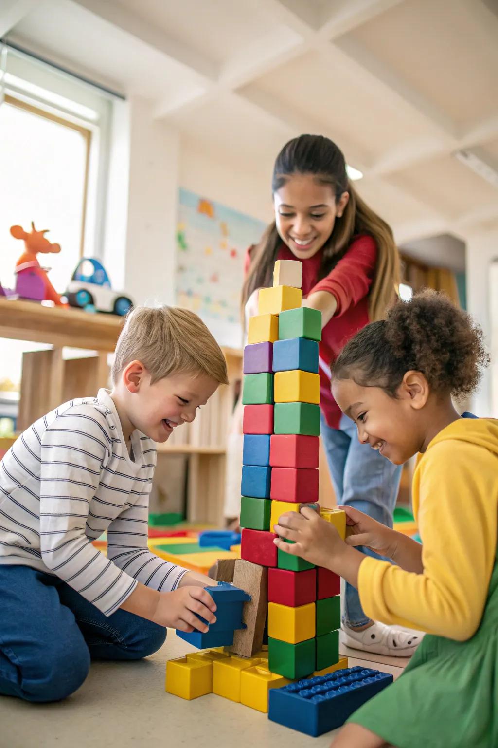 Teamwork exemplified through collaborative block play.