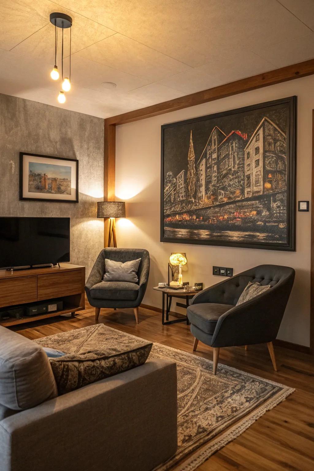 An etch art painting adds texture and dimension to this cozy family room.