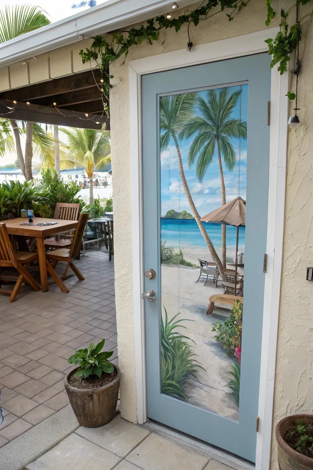 A freehand mural door that entices you to a coastal getaway.
