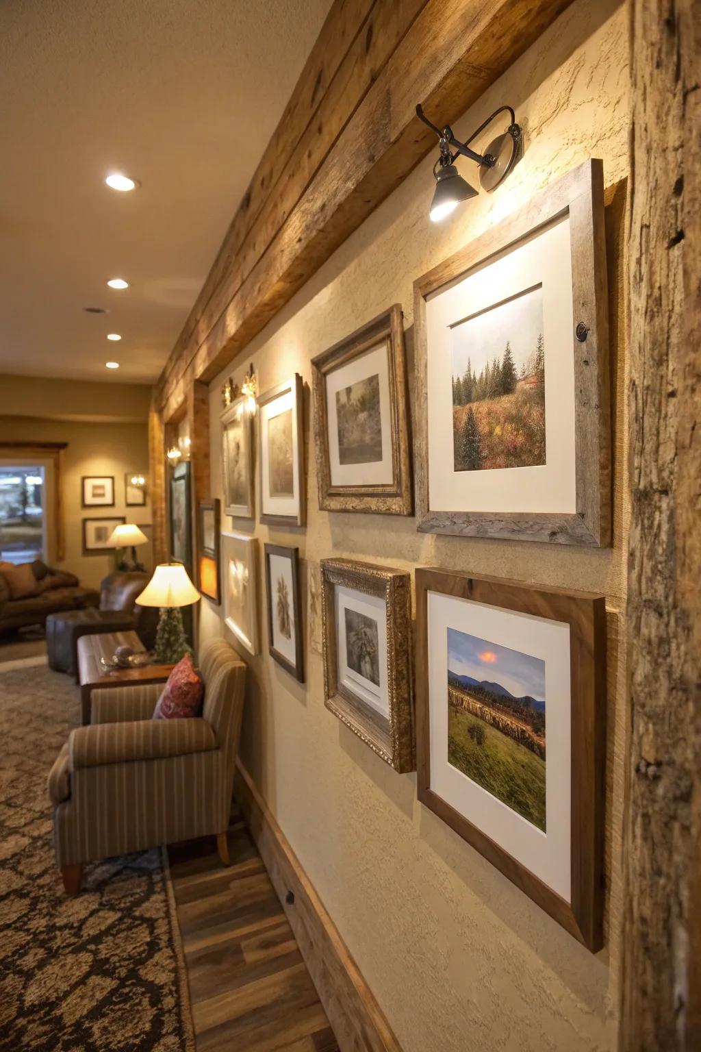 Rustic elements enhance your art display by infusing warmth and a connection to the natural world.