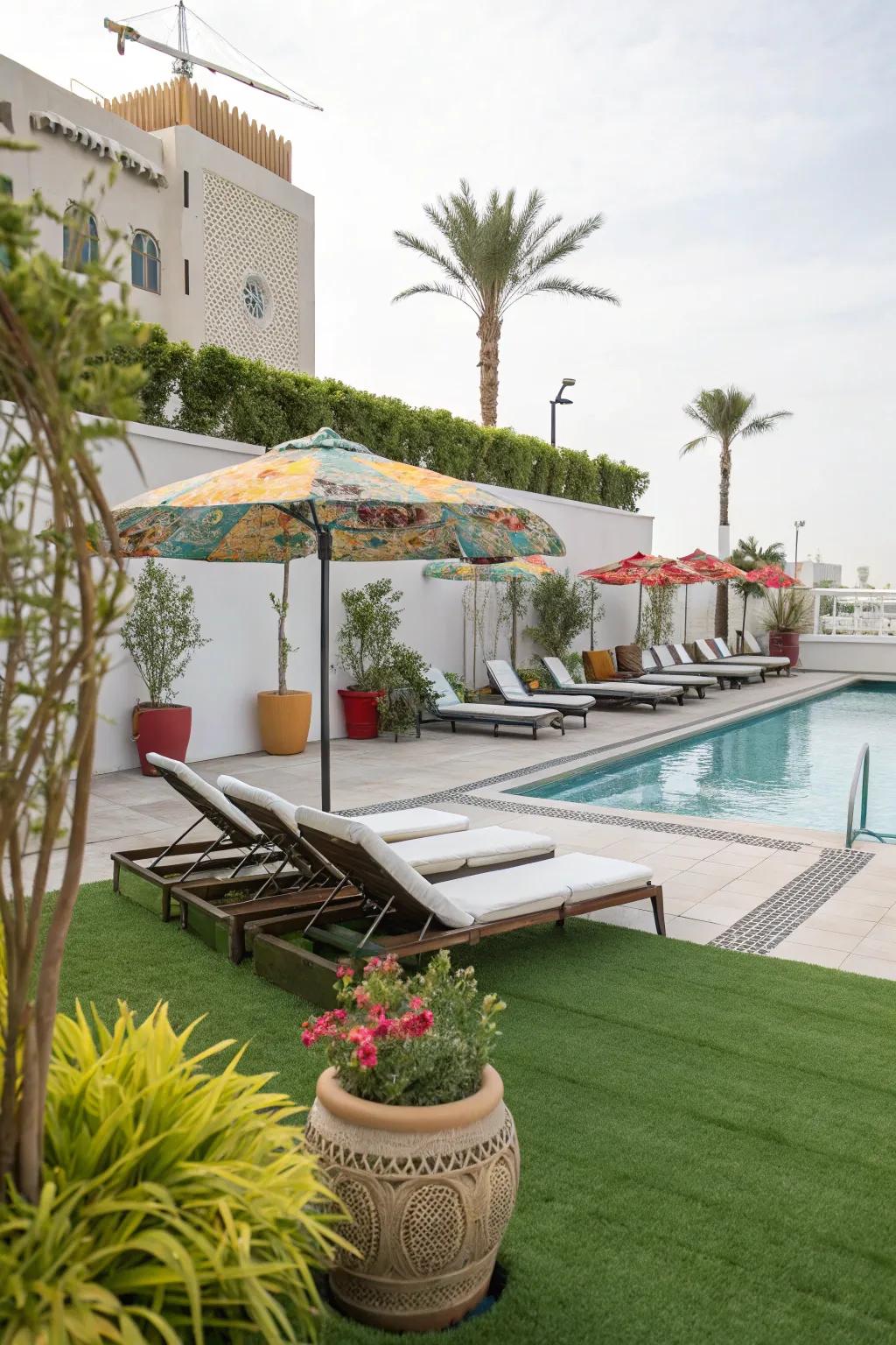 A lush poolside paradise with synthetic turf.