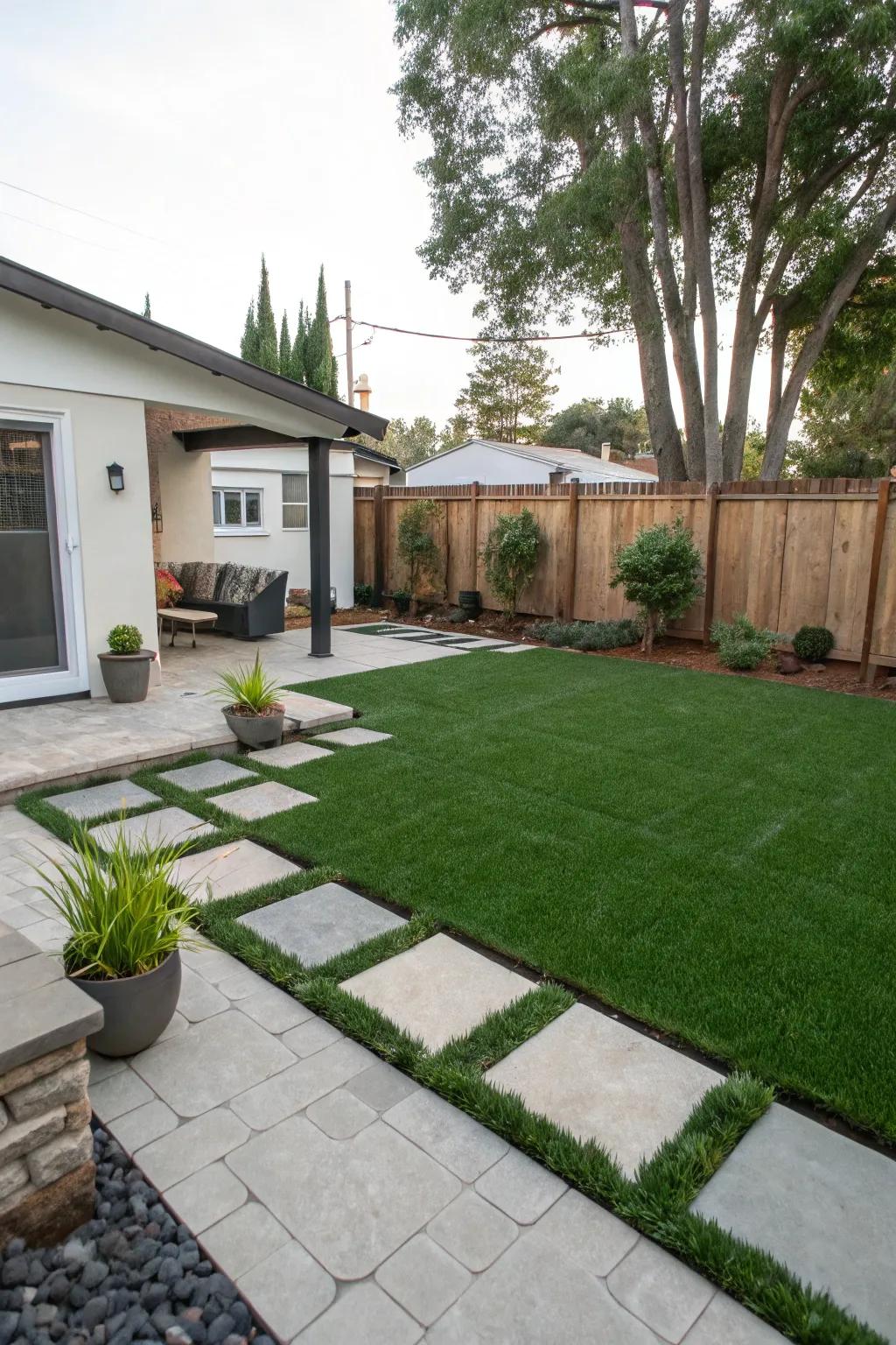Achieve modern beauty by using a mix of hardscapes and simulated turf.