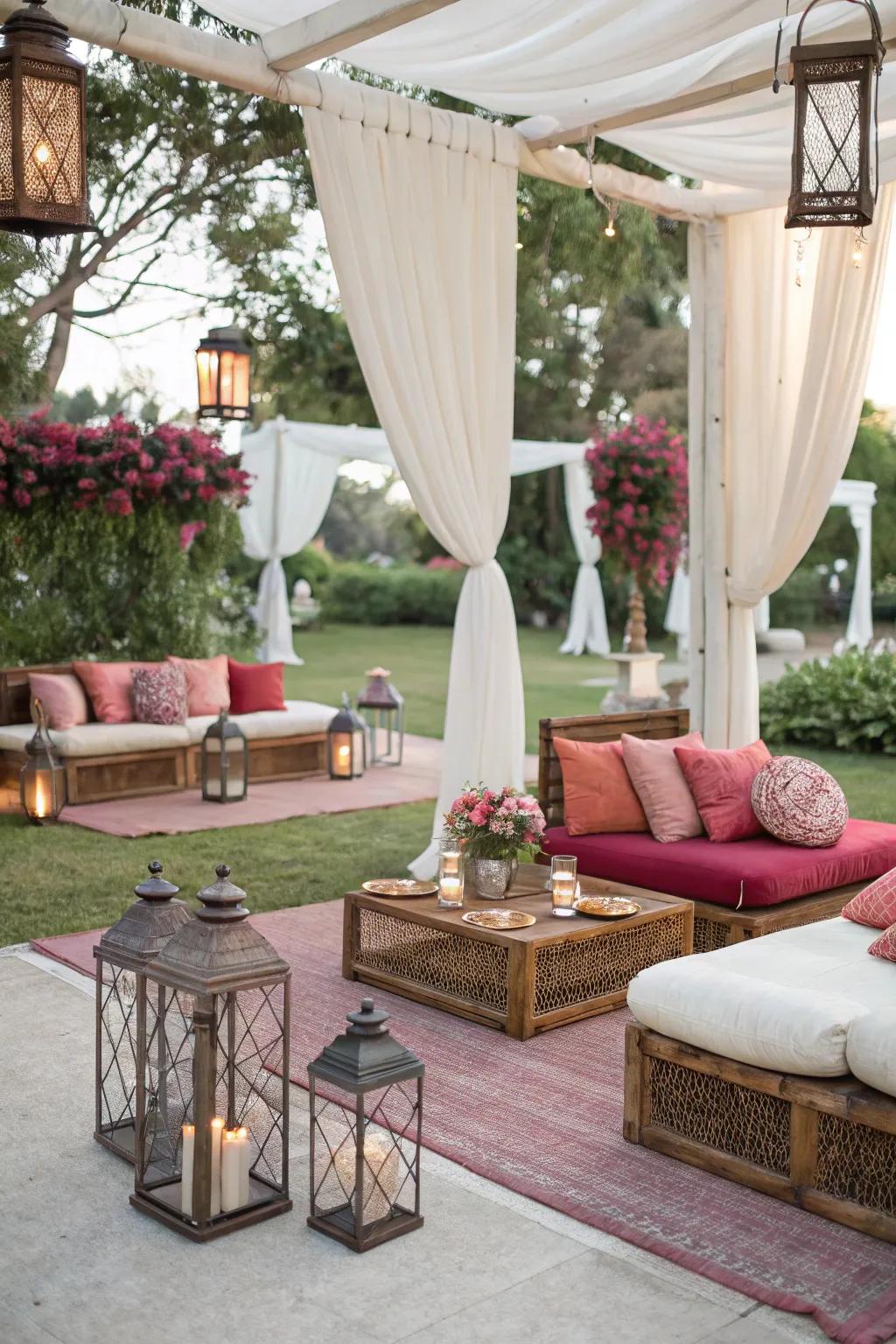 A snug solarium zone proffers cherished visitors a reposeful expanse at the nuptials.