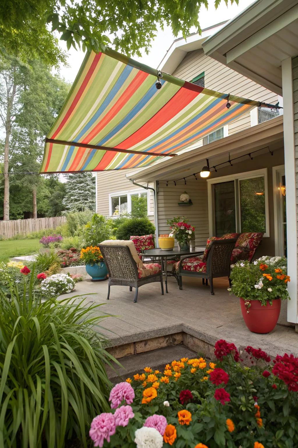 Add a splash of color with a vibrant textile overhead covering.