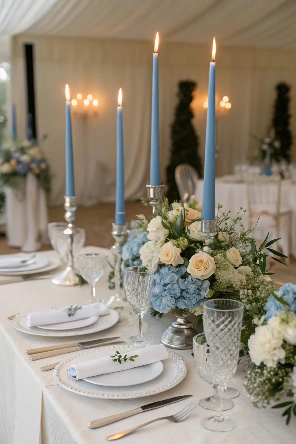 Azure slender flames impart a romantic radiance to the table display.