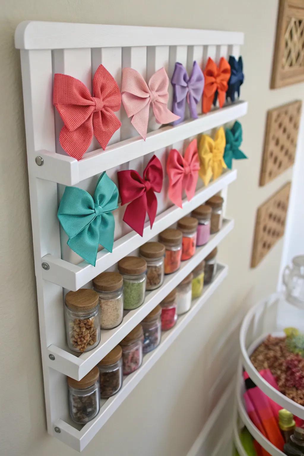 An innovative use of spice racks for storing baby bows.