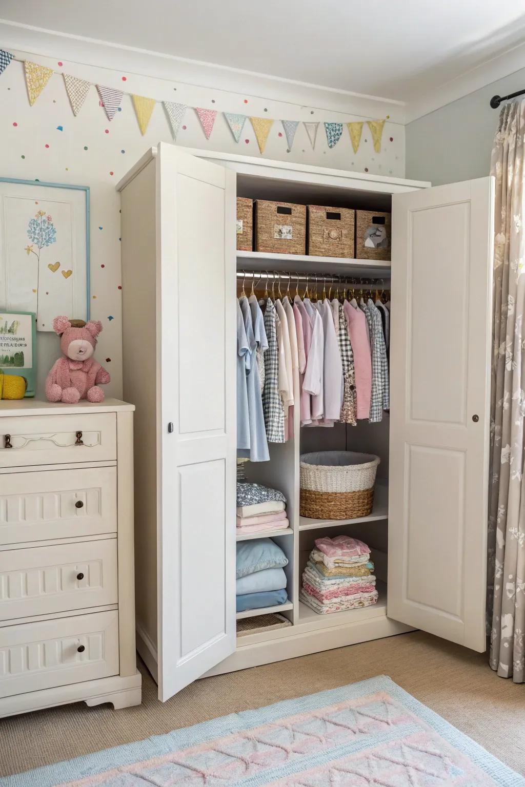 An open wardrobe display infuses a boutique vibe into the nursery.
