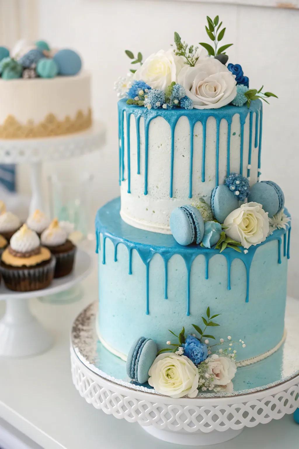 A modern overflow cake with a hint of classiness for a baby boy shower.