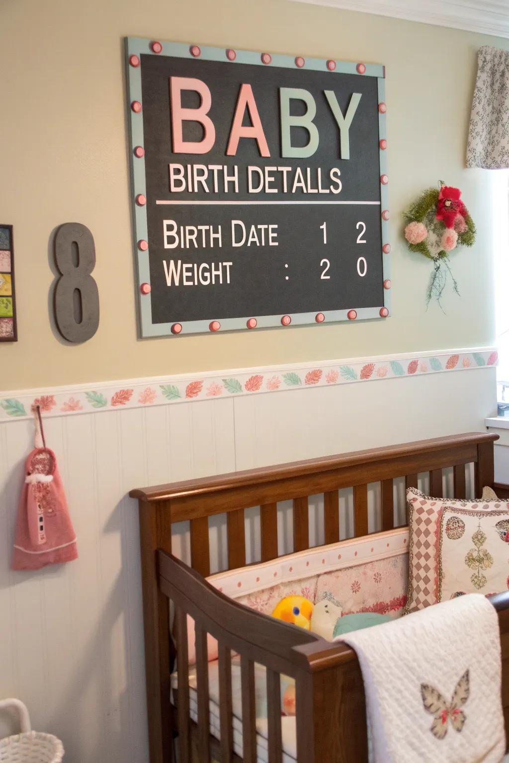 Custom wall art adds a personalized, themed element to the nursery.