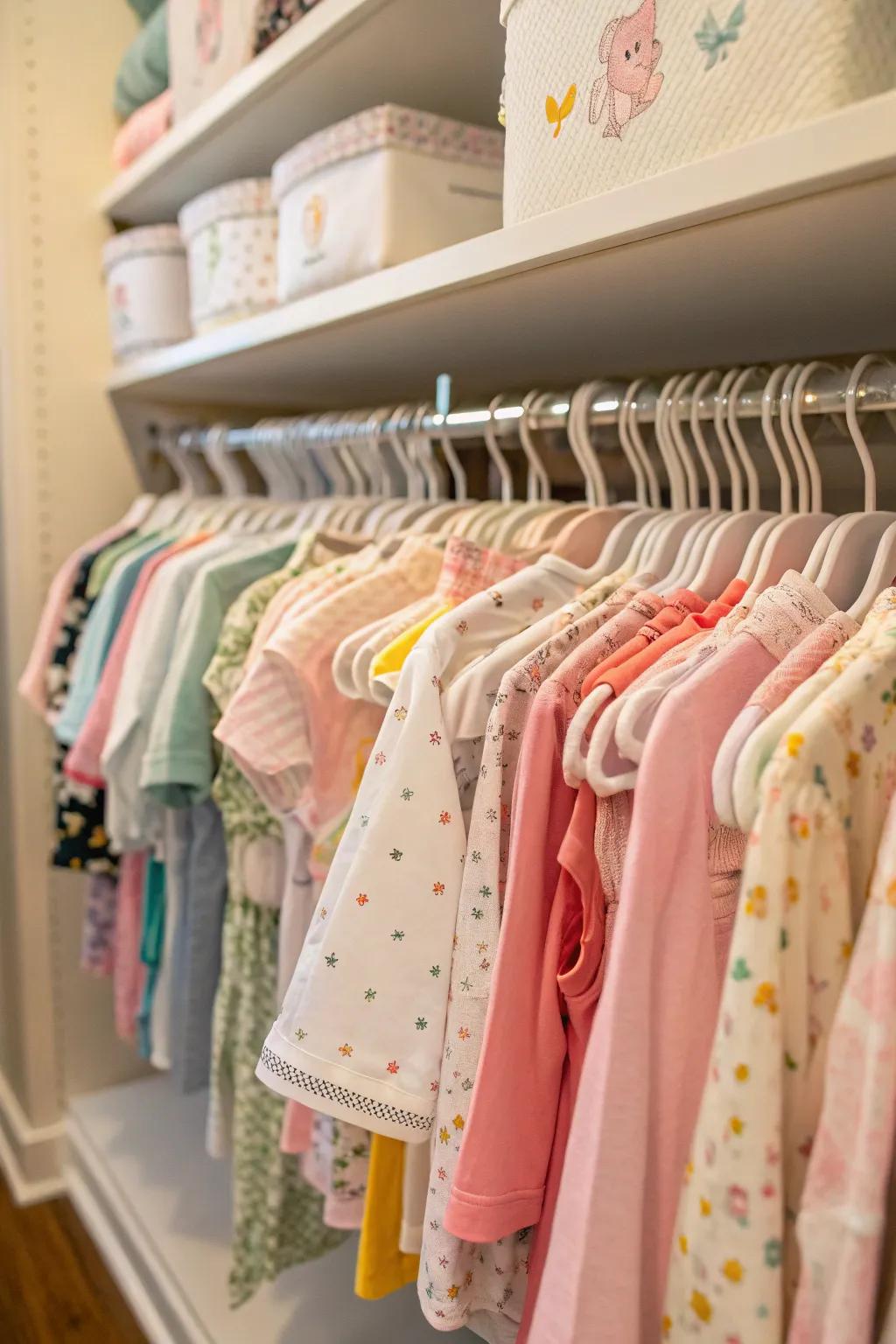 Baby-sized hangers keep clothes in shape and the closet tidy.