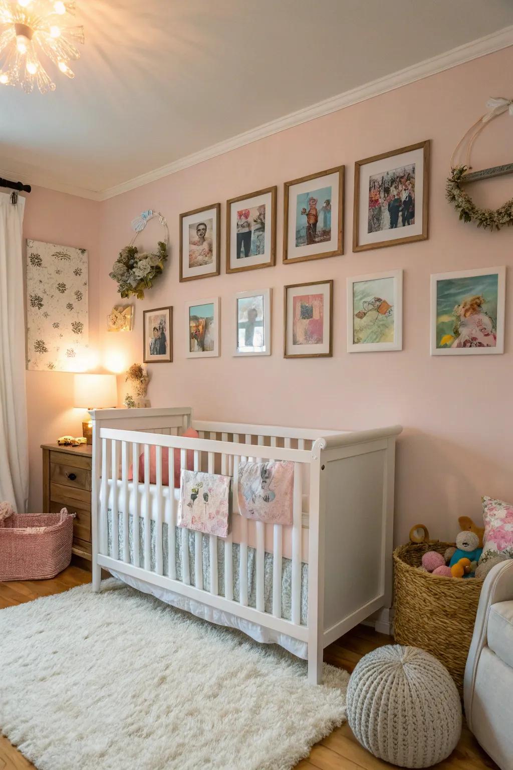 A gallery wall contributes warmth and a private touch to your baby's corner.