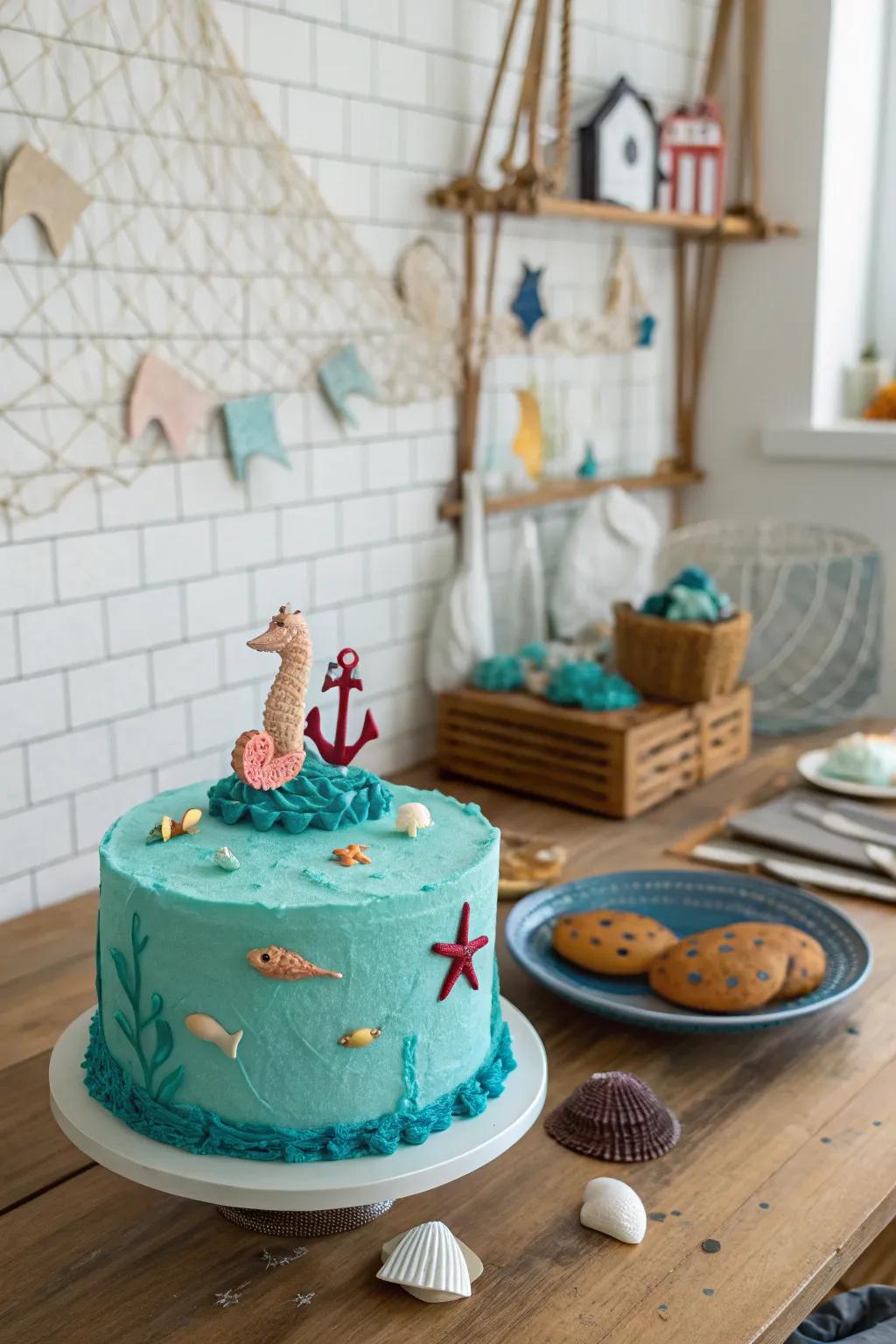 Beneath the sea-themed cake for a splash of enjoyment.