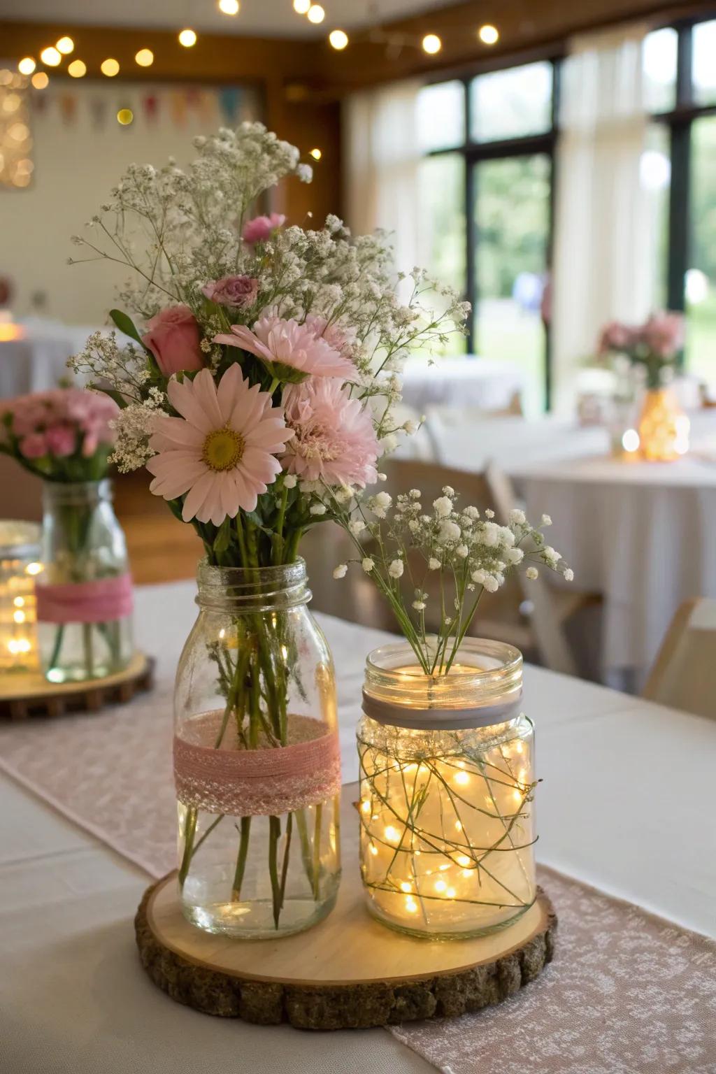 DIY centerpieces using simple jars create an alluring tabletop setting.