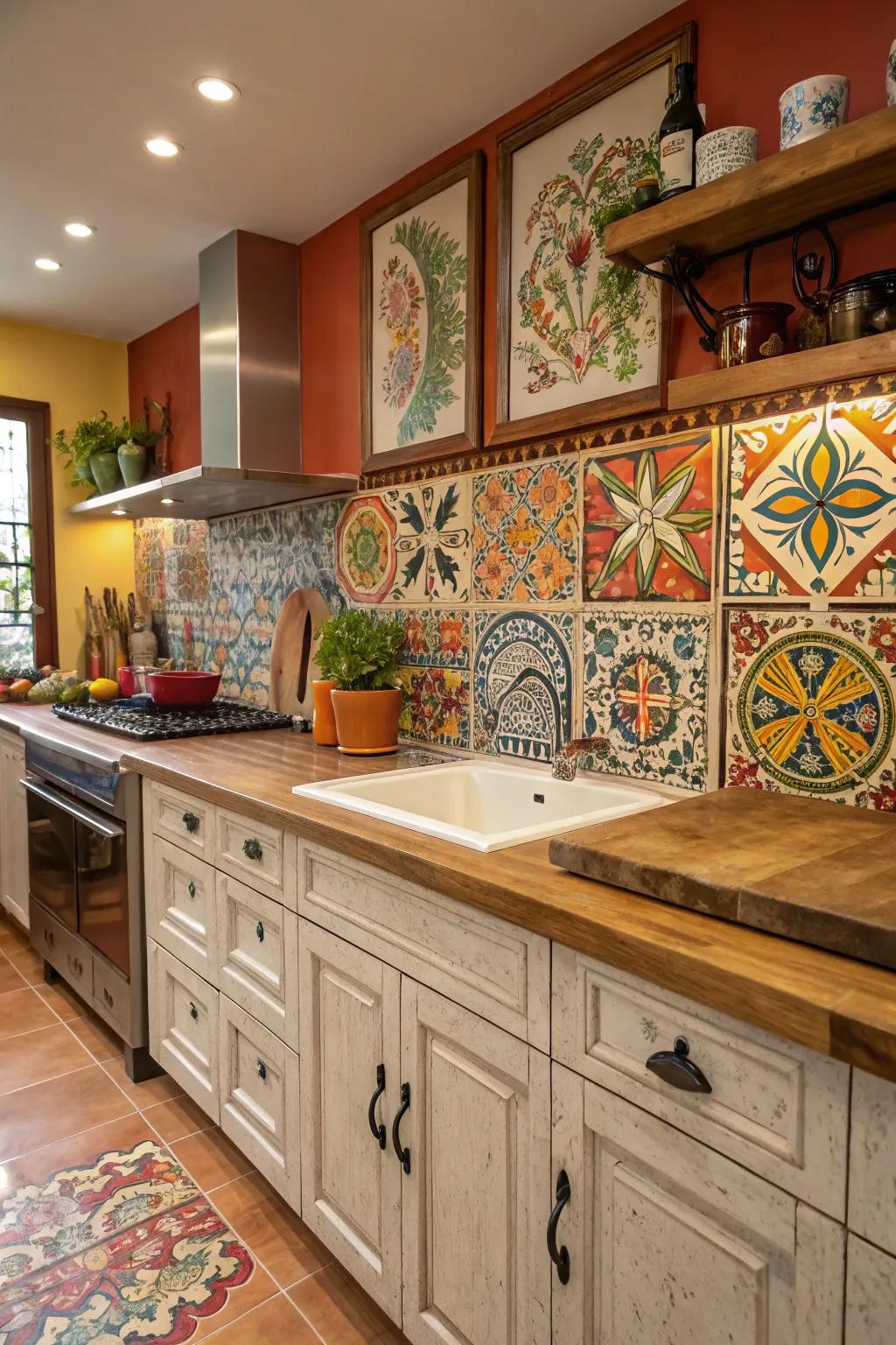 Express artistry using a colorful Stoneware brick backsplash.