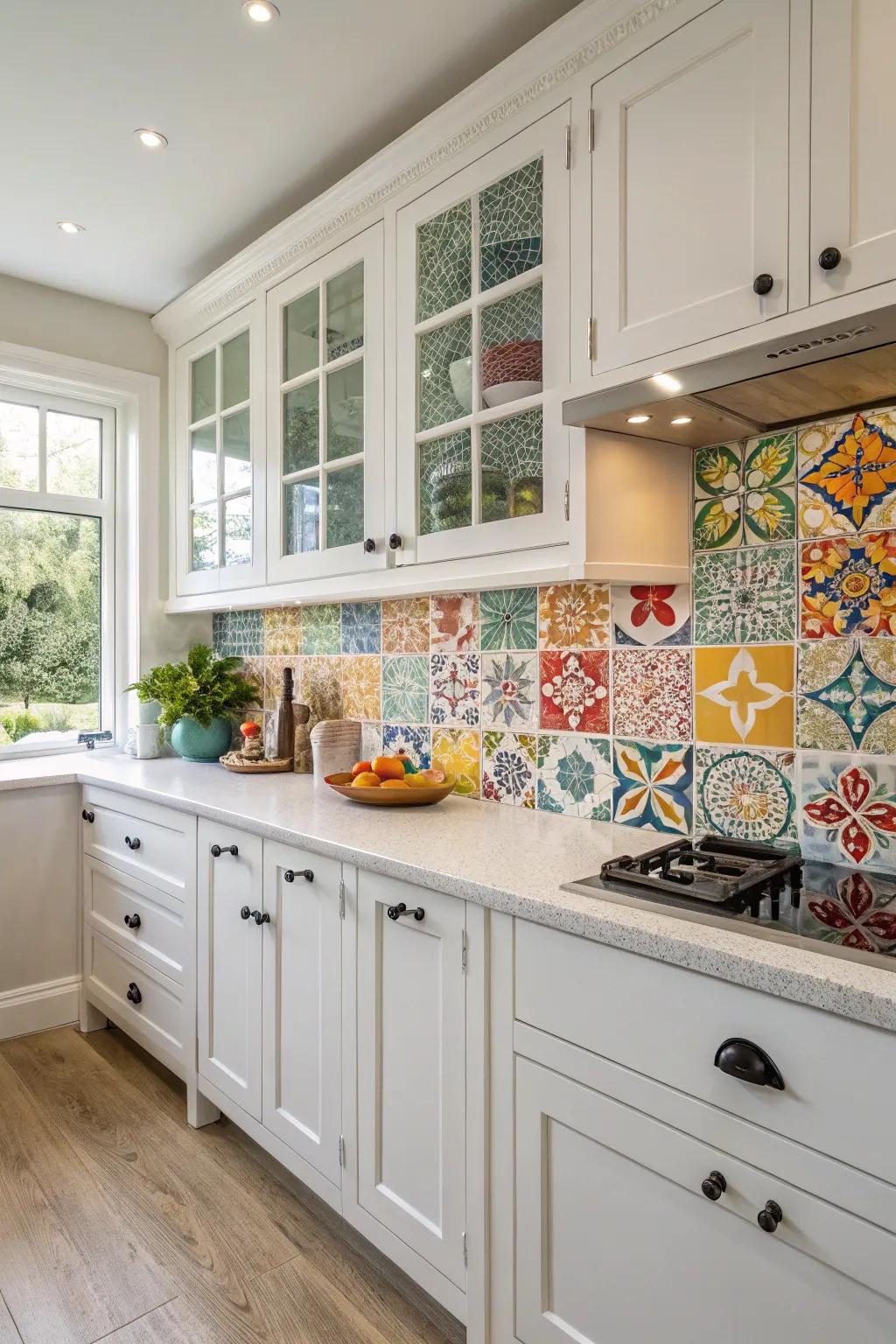 Colorful earthenware tiles imbue vibrancy into this white kitchen.