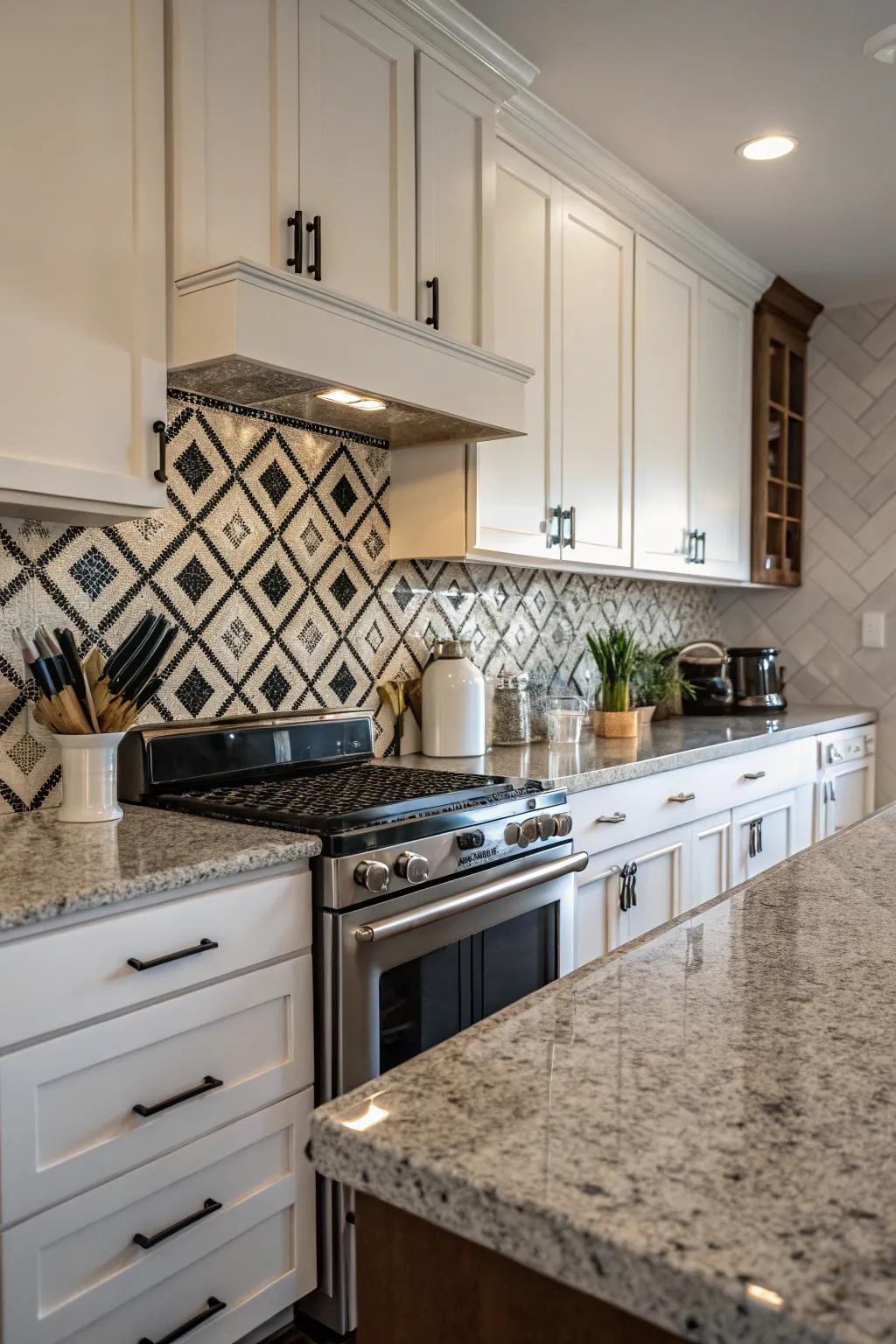 Monochrome tiles establish a sensational composition with fantasy brown granite.