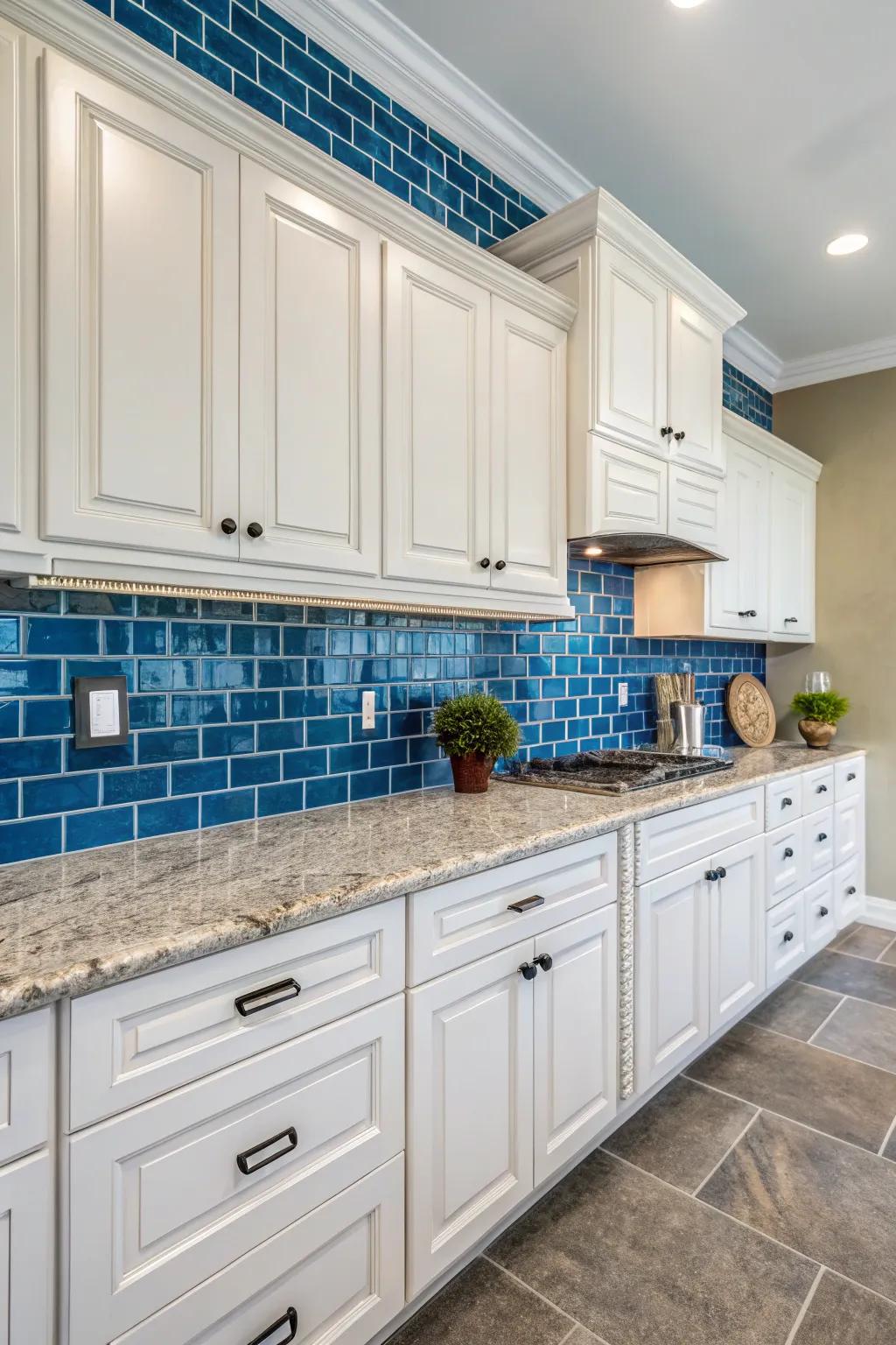 The kitchen's decor is given a vibrant touch with a striking blue backsplash.