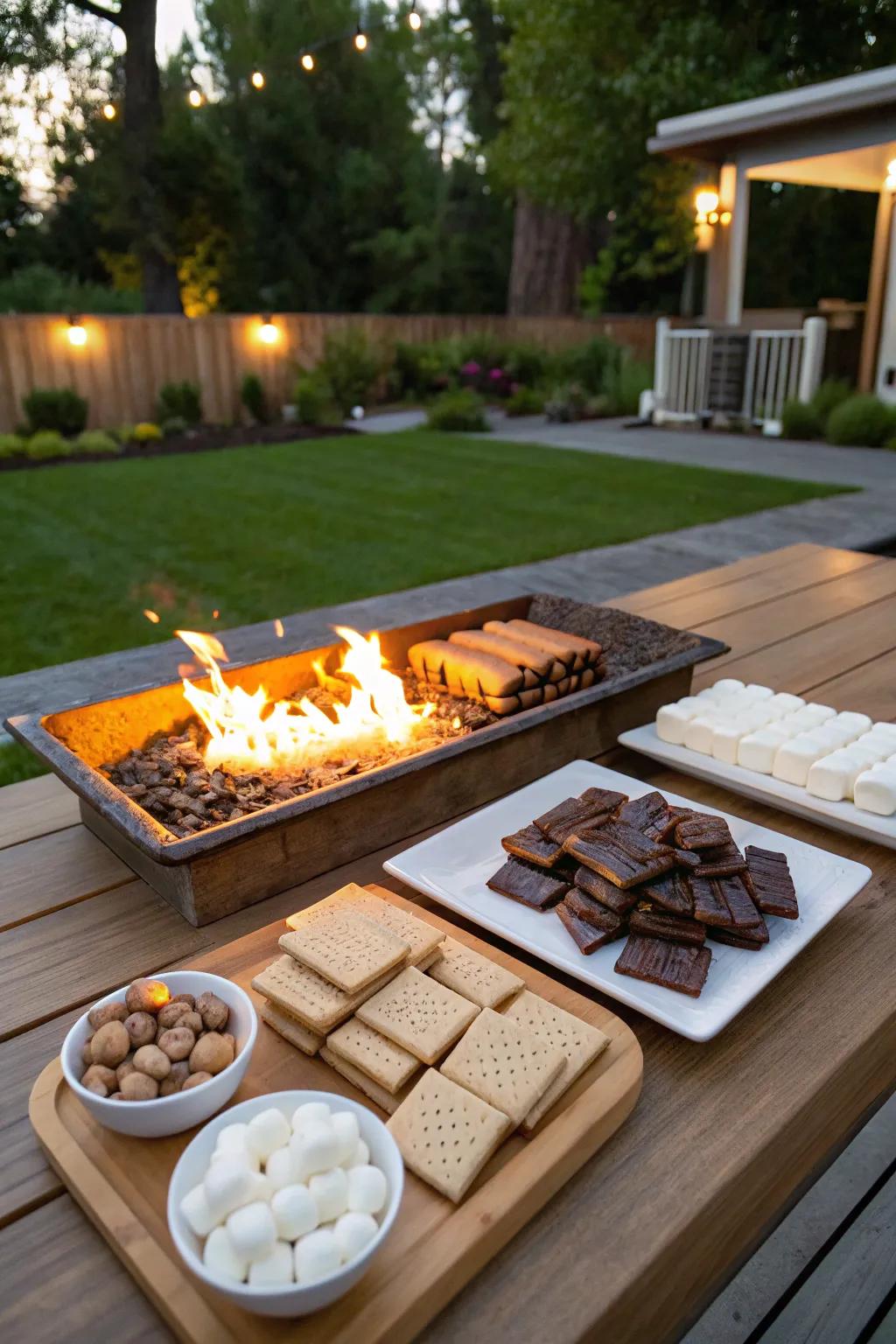 A s'mores station brings warmth and nostalgia to the celebration.