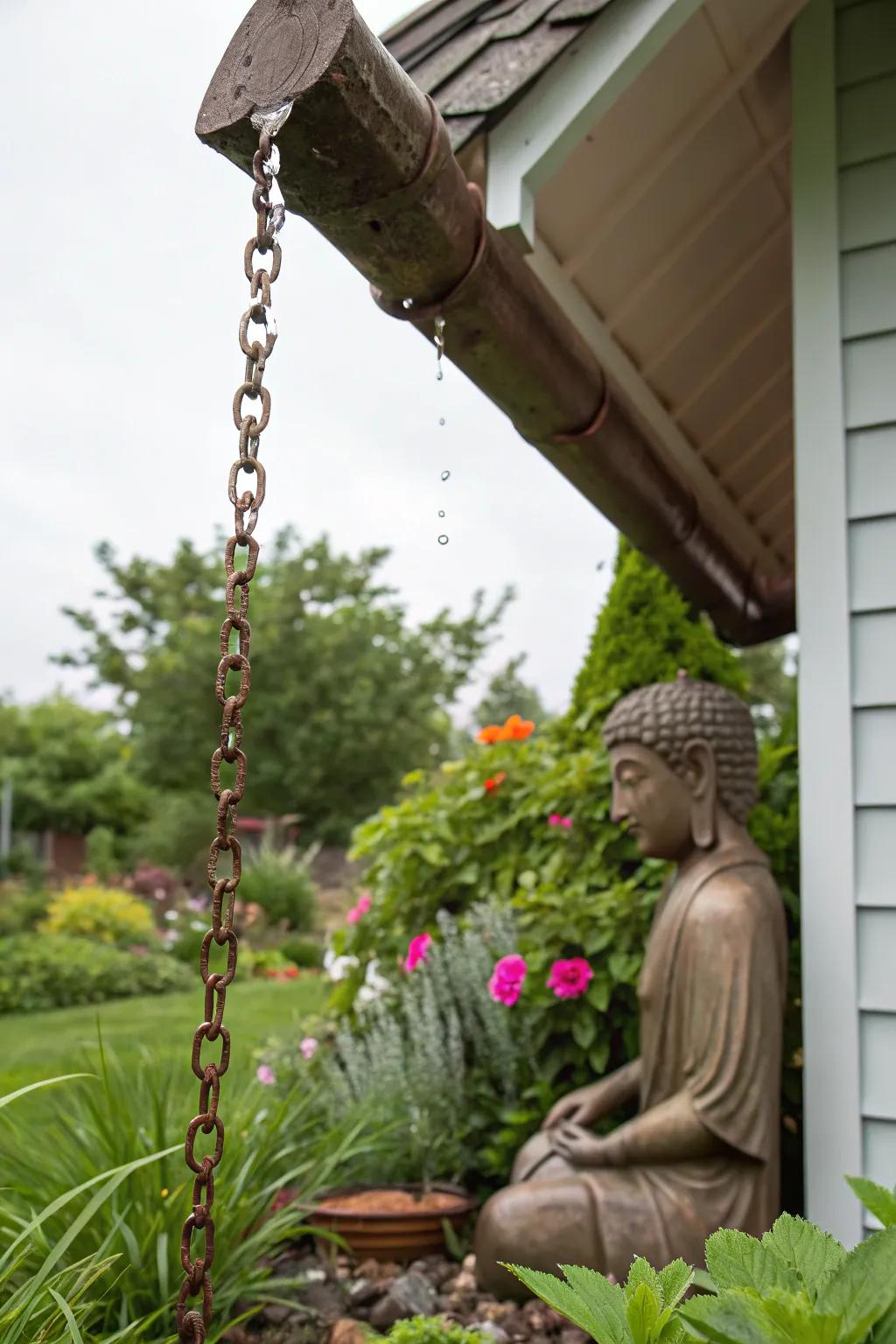 A water chain adds a reflective water feature to your garden.
