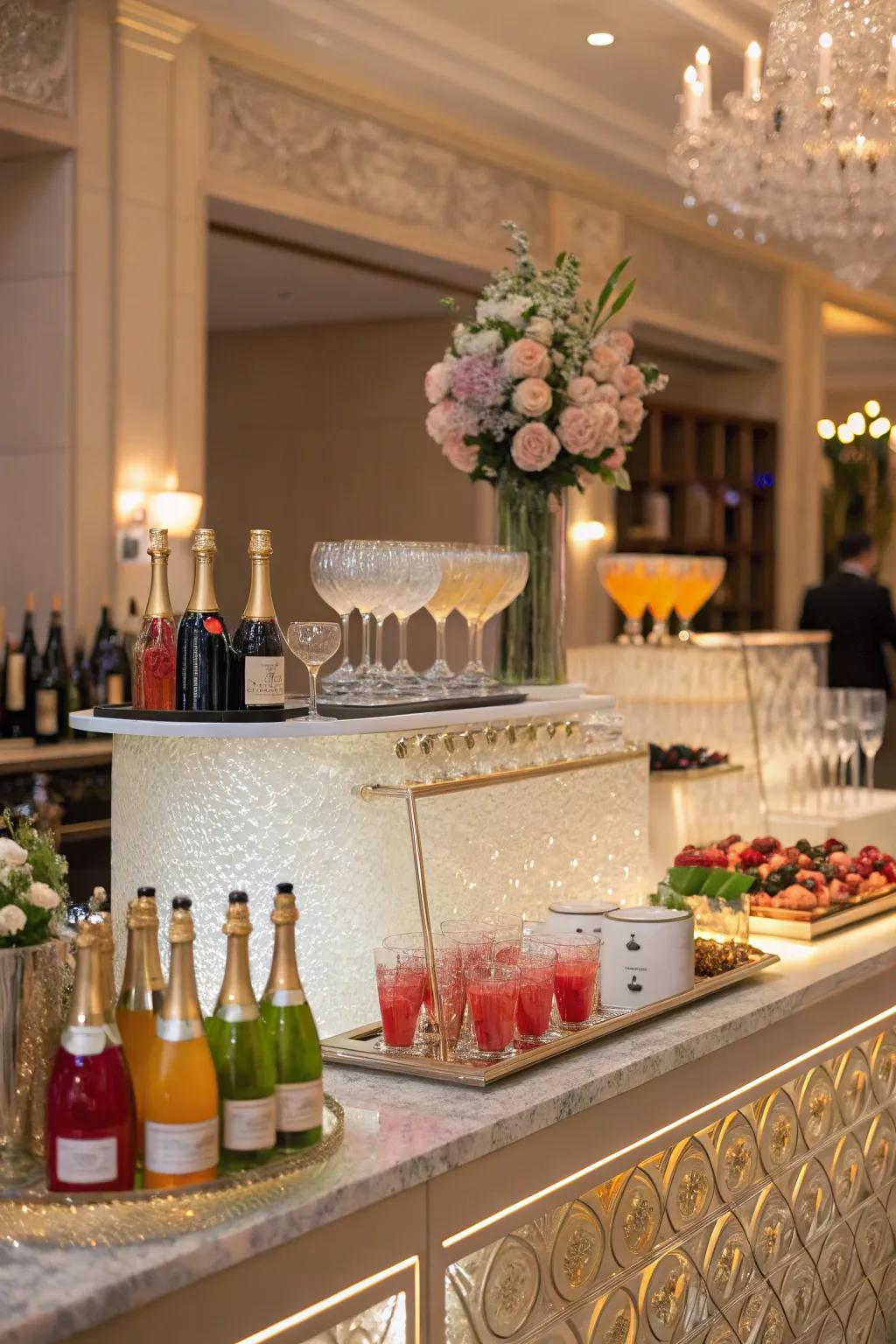 A sparkling wine bar contributes an element of luxury and celebration.