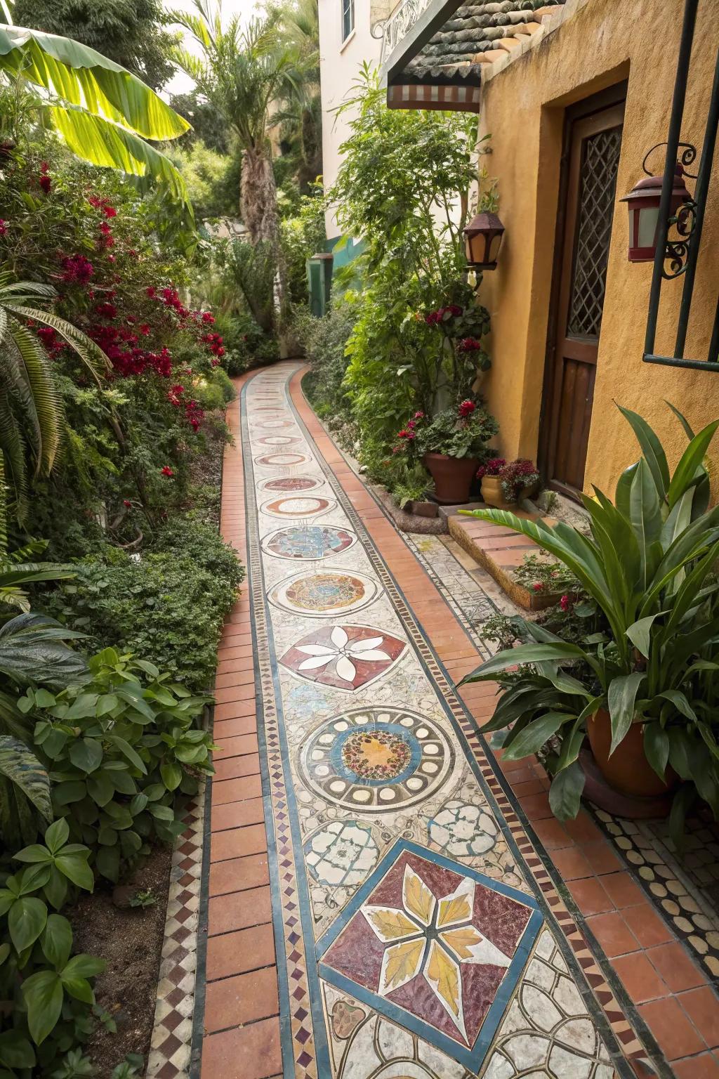 A tile art walkway adds color and creativity to backyard paths.