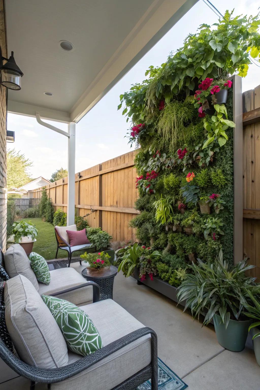 A vertical garden making a lush statement in a lanai.
