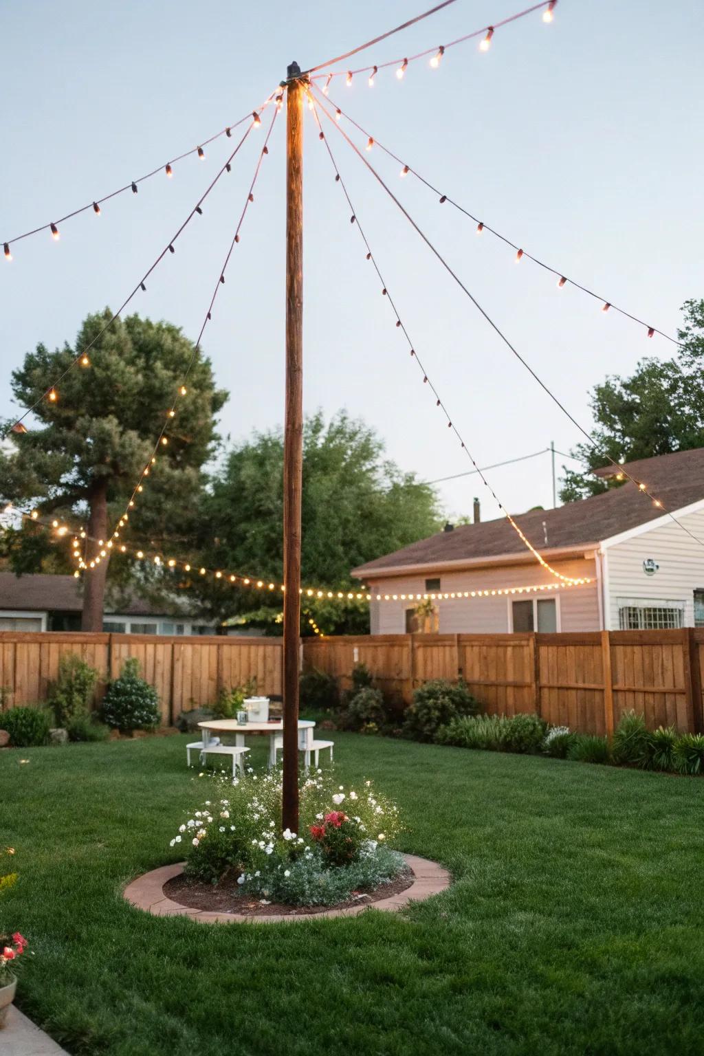 A center mast featuring twinkle lights establishes a dramatic focal point.