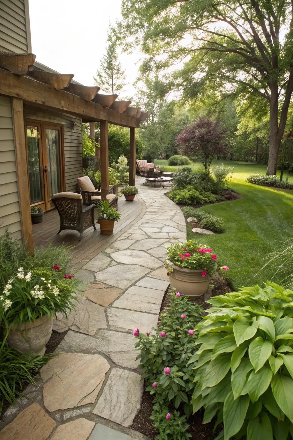 A quirky stone walkway leading to the patio.
