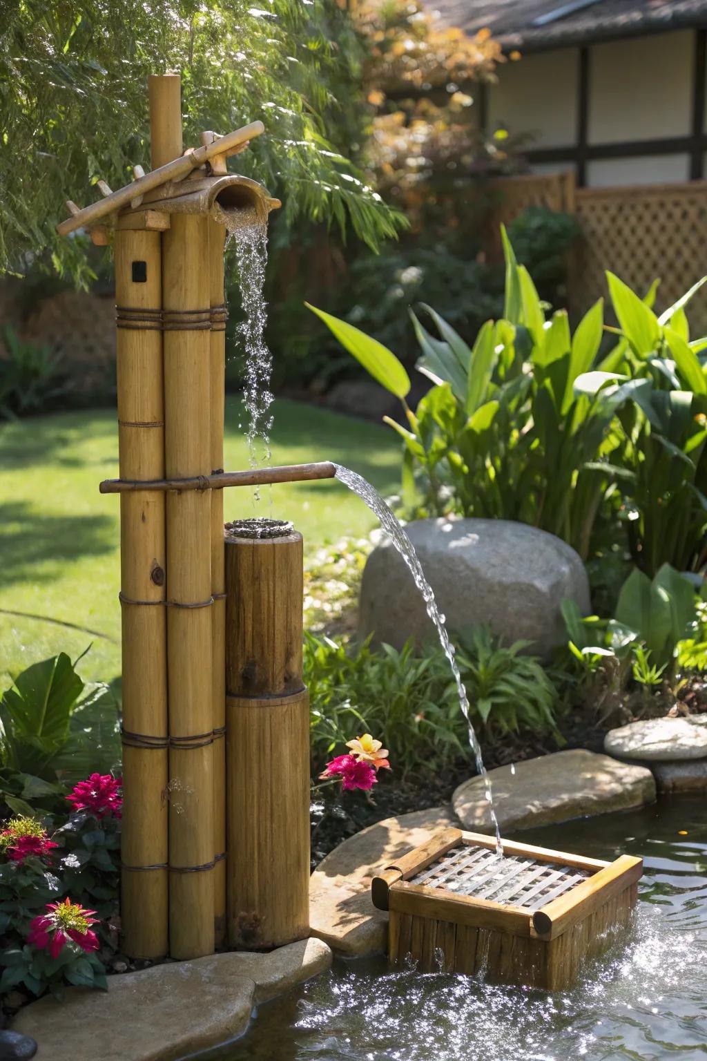 An eco-friendly sun-powered bamboo fountain soaking up the sun.