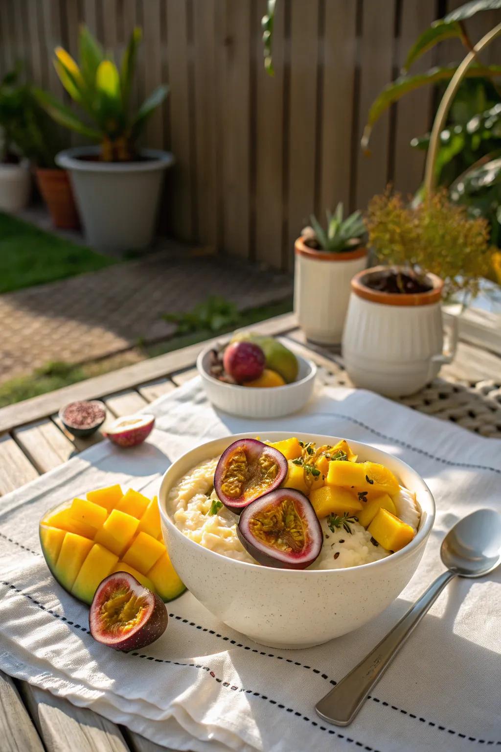 A tropical twist featuring mango and passionfruit brings a fresh flavor.