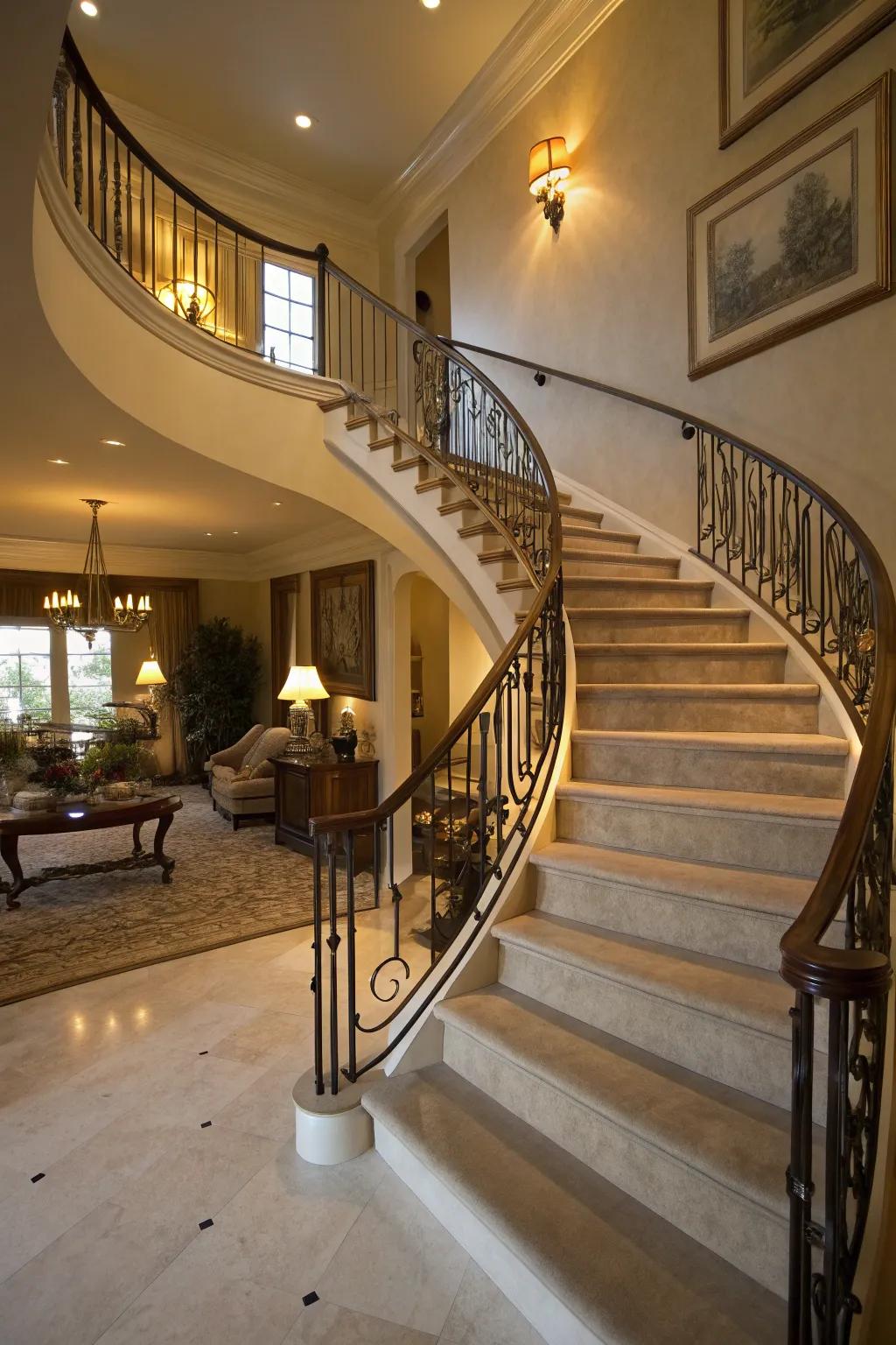 Dynamic grace with a curvilinear banister.