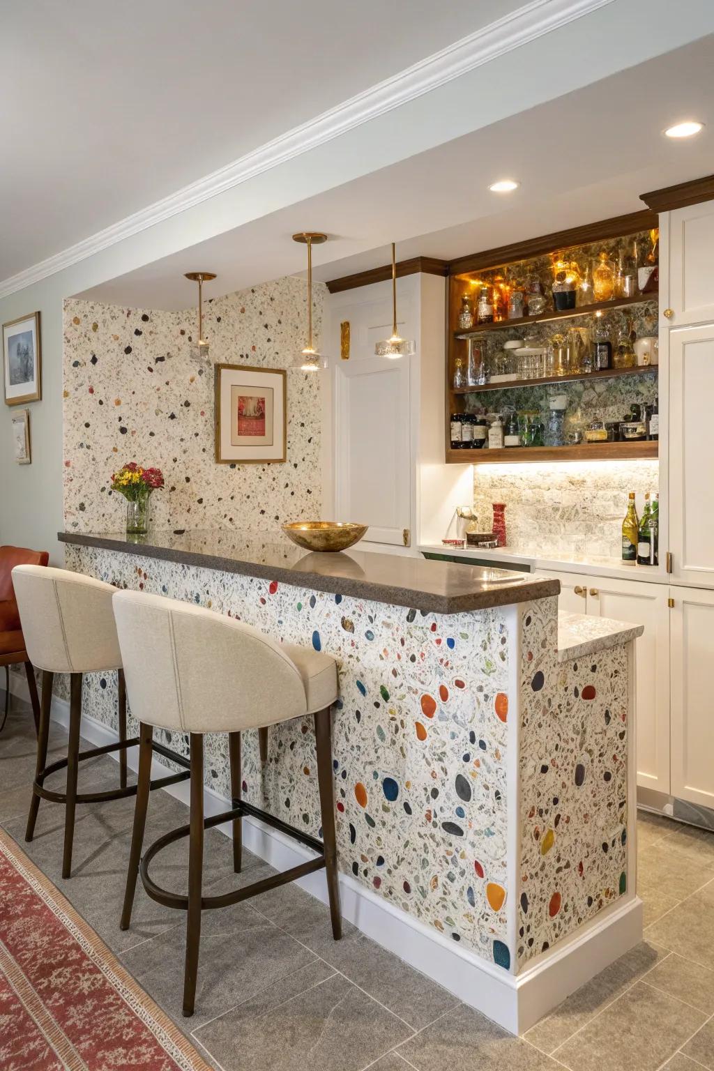 A home bar with a terrazzo tile backsplash in vibrant speckled designs.