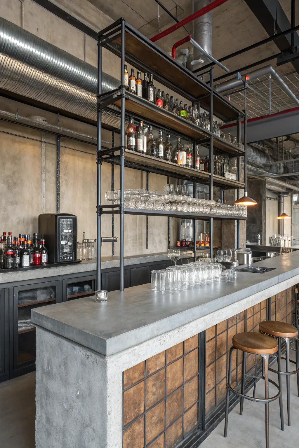 Industrial touches create a modern and edgy bar aesthetic.
