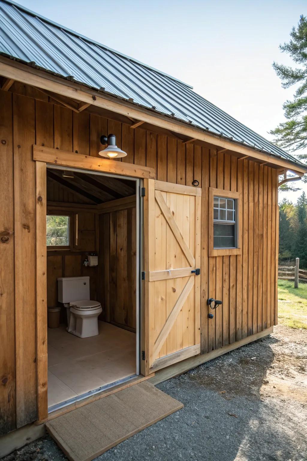 A compact restroom enhances the purpose of this garage.