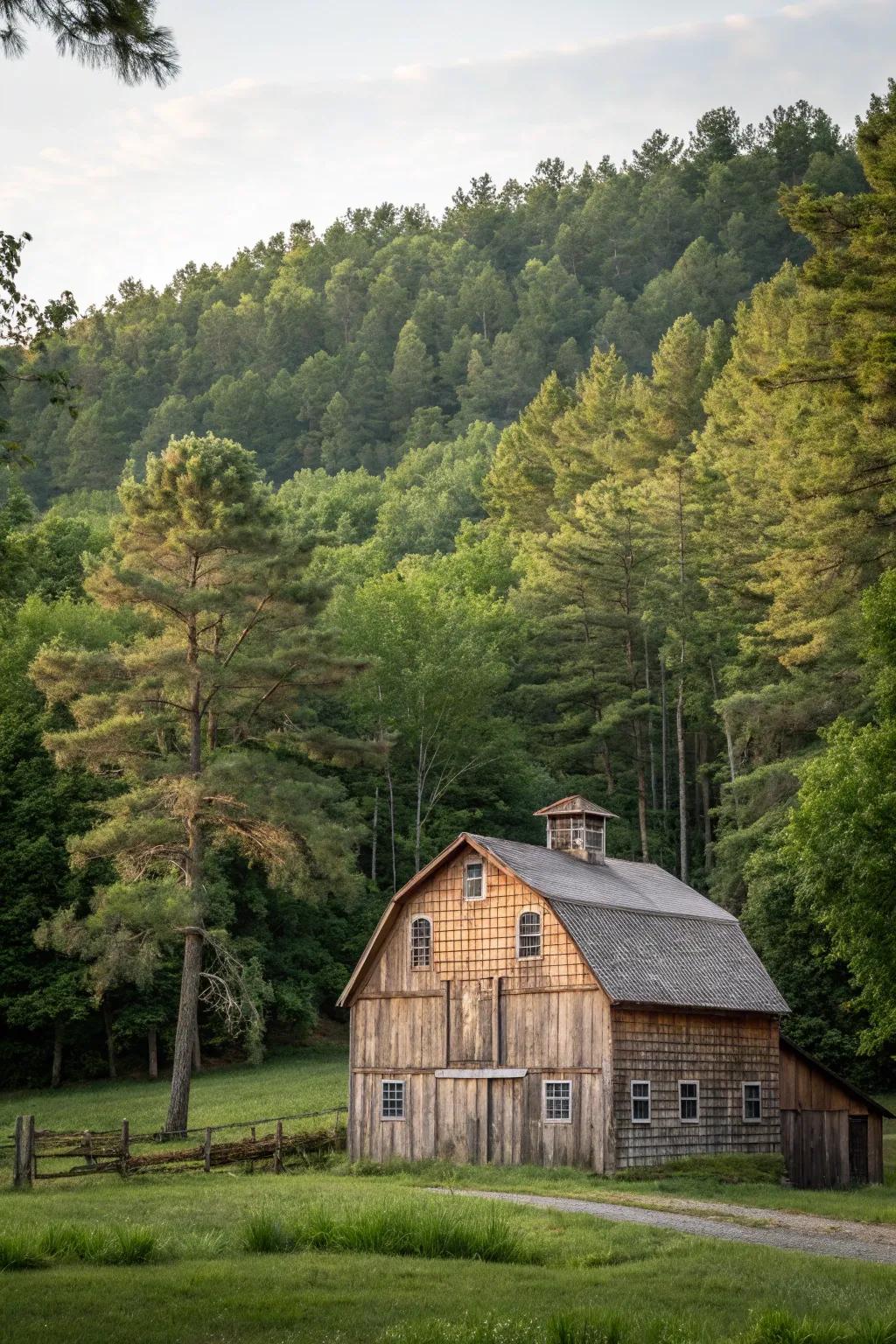 A barn glowing with cedar pieces, fitting just right into nature.