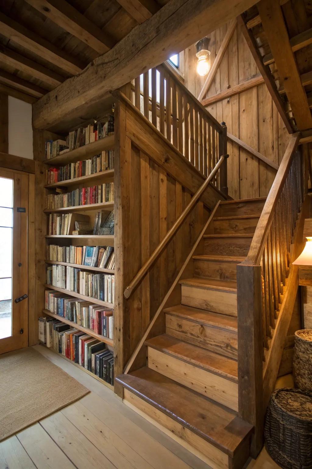 An integrated bookshelf adds functionality and charm to barn stairs.