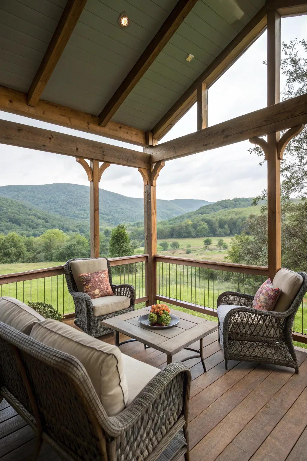 A screened-in veranda furnishes ease and insect-free enjoyment.