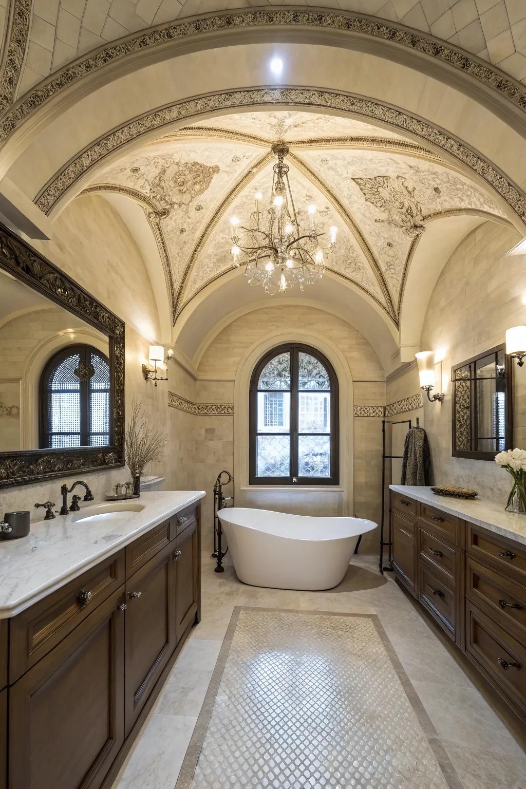 An exquisite ablution facility featuring a vaulted barrel ceiling for amplified luxury.
