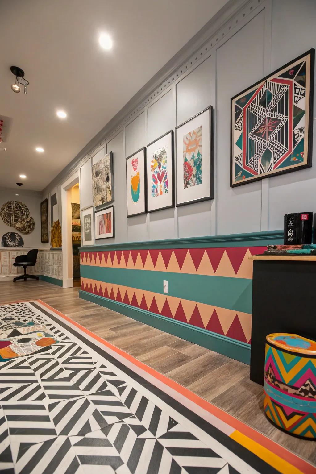 Studio showcasing dynamic geometric baseboard trim.