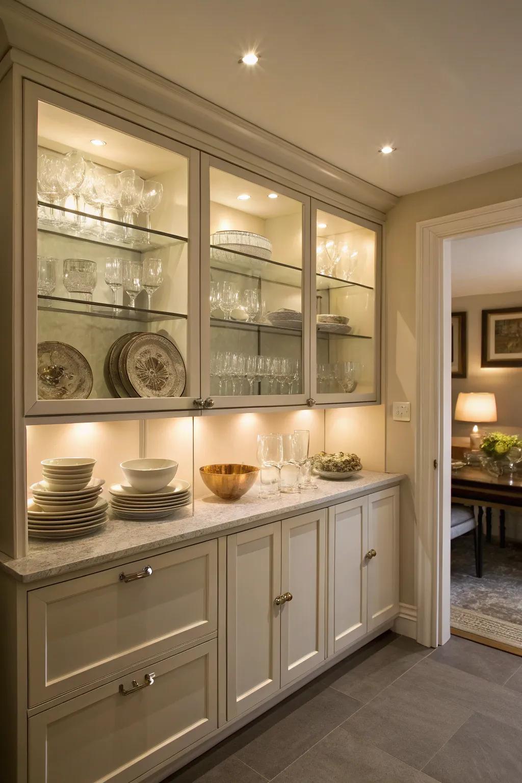 Glass front cupboards add elegance and openness to your space.