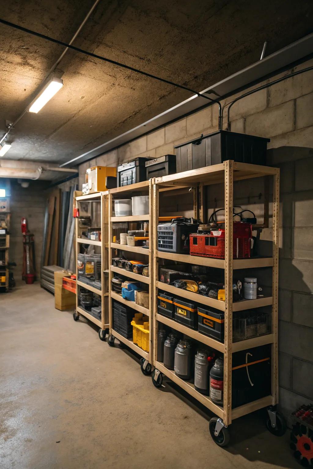 Rolling shelves offer convenient access and mobility for larger items.