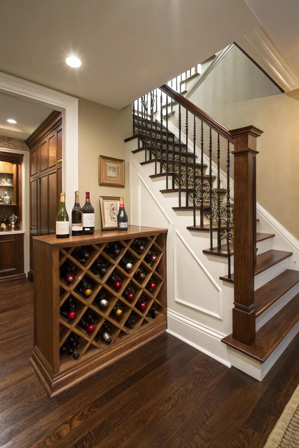 A vintage bottle rack below the steps contributes a hint of elegance and functionality.