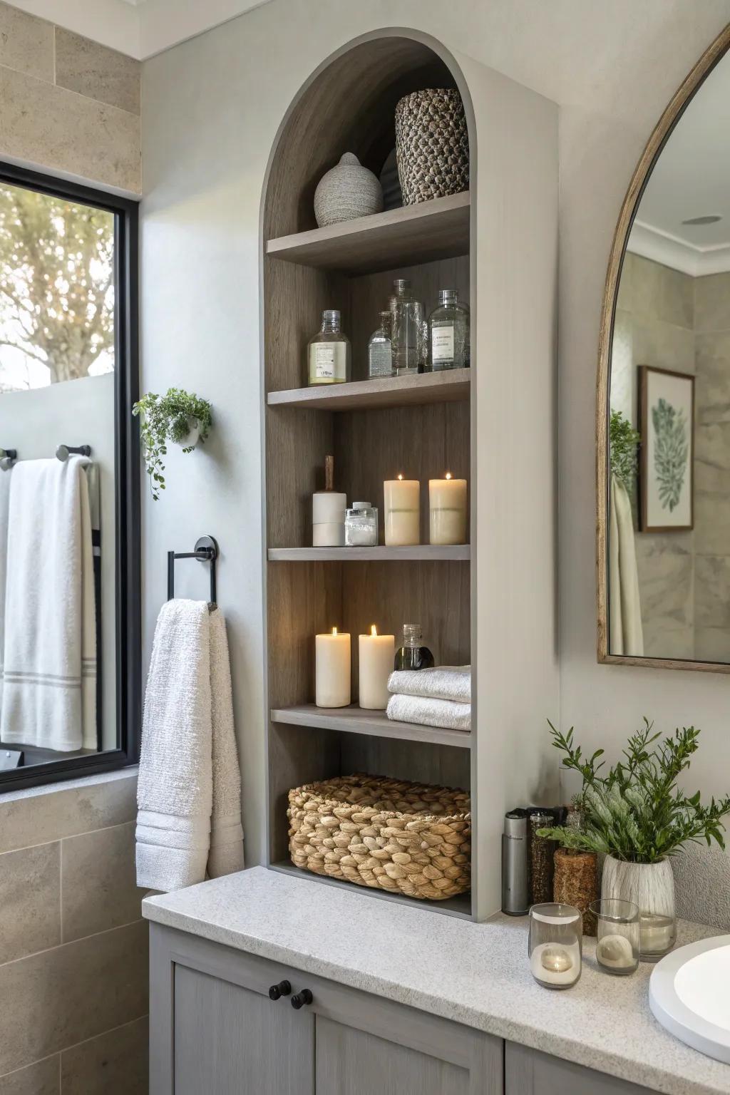 Wall mounted shelves give style and storage.