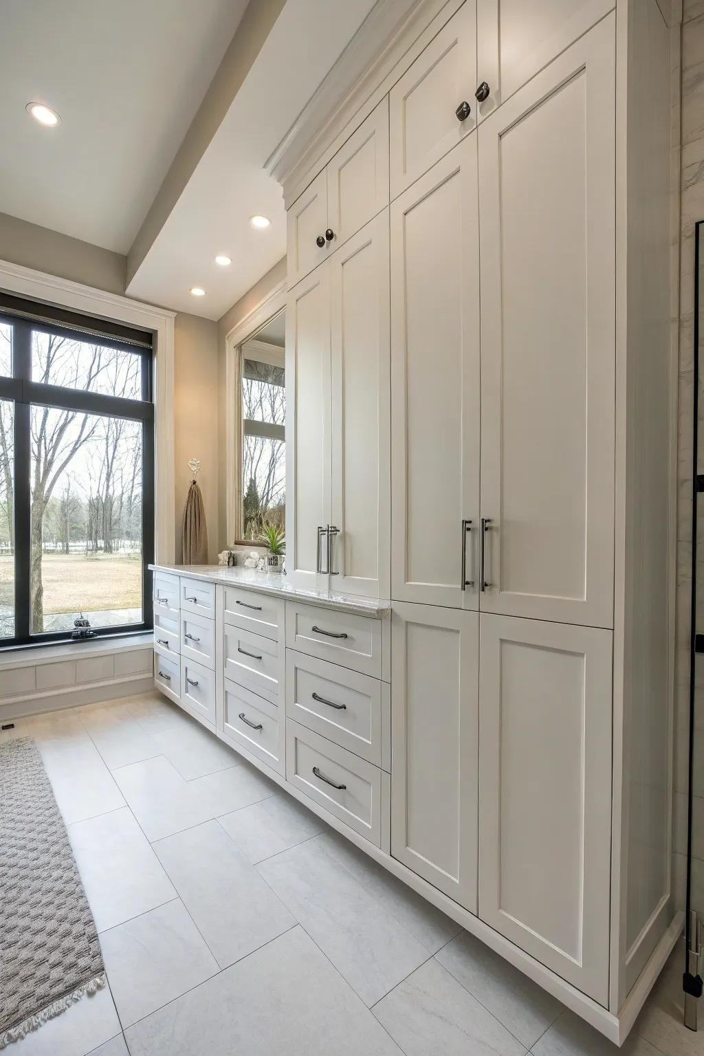 Floor-to-ceiling storage units optimize holding potential within compact areas.